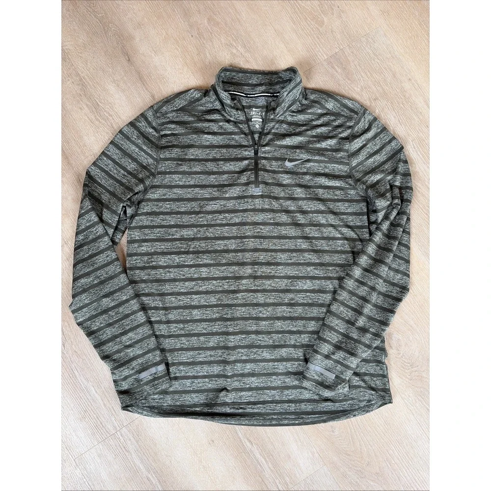 NIKE Running Dri-Fit Green Striped 1/4‎ Zip Long Sleeve Pullover Shirt Mens XL